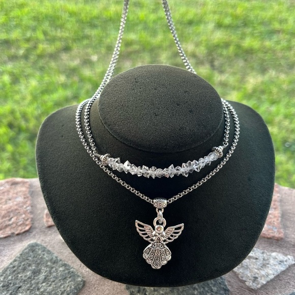 Genuine herkimer diamonds crystal double layer stainless steel angel necklace - Picture 8 of 13